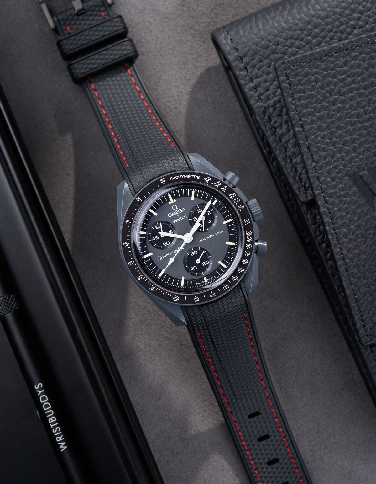 Curved Vertech Rubber Strap - Black & Red Stitches - OM Luxury