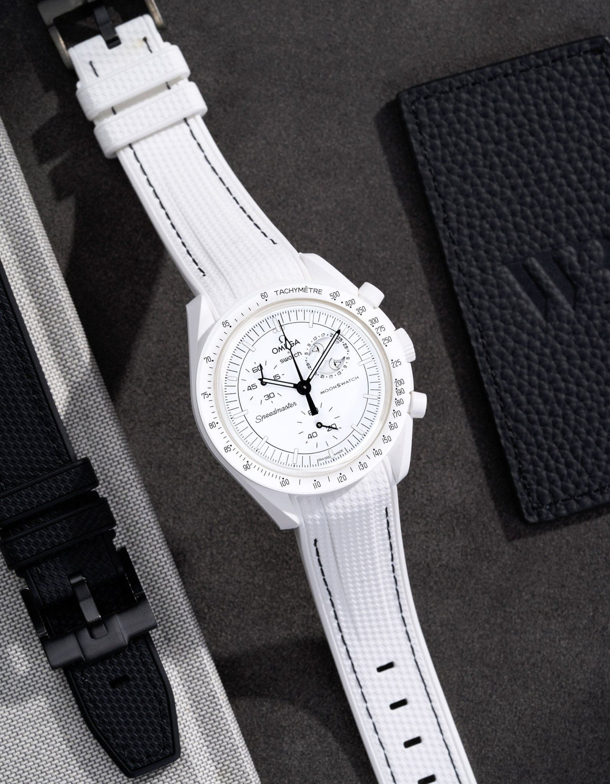 Curved Vertech Rubber Strap - White & Black Stitches - OM Luxury
