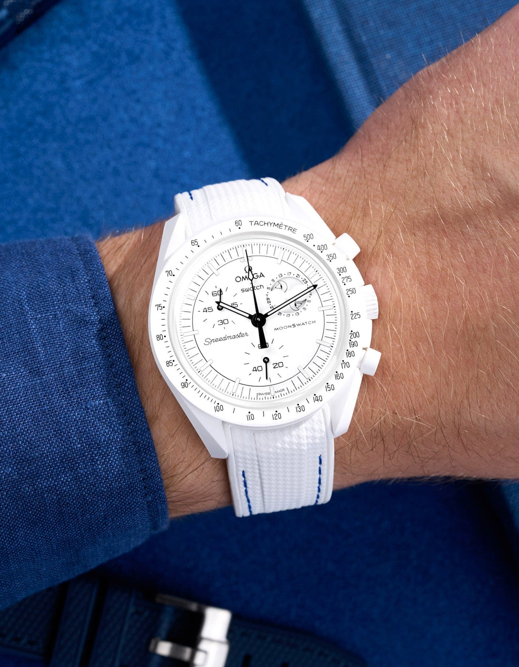 Curved Vertech Rubber Strap - White & Blue Stitches - OM Luxury